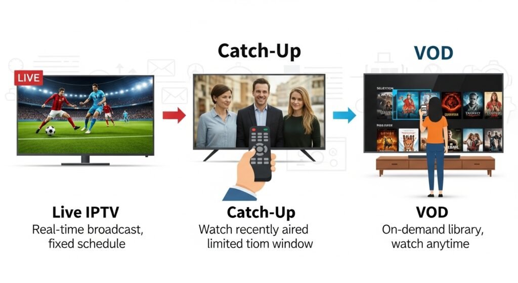 The Difference Between Live IPTV, Catch-Up, and VOD